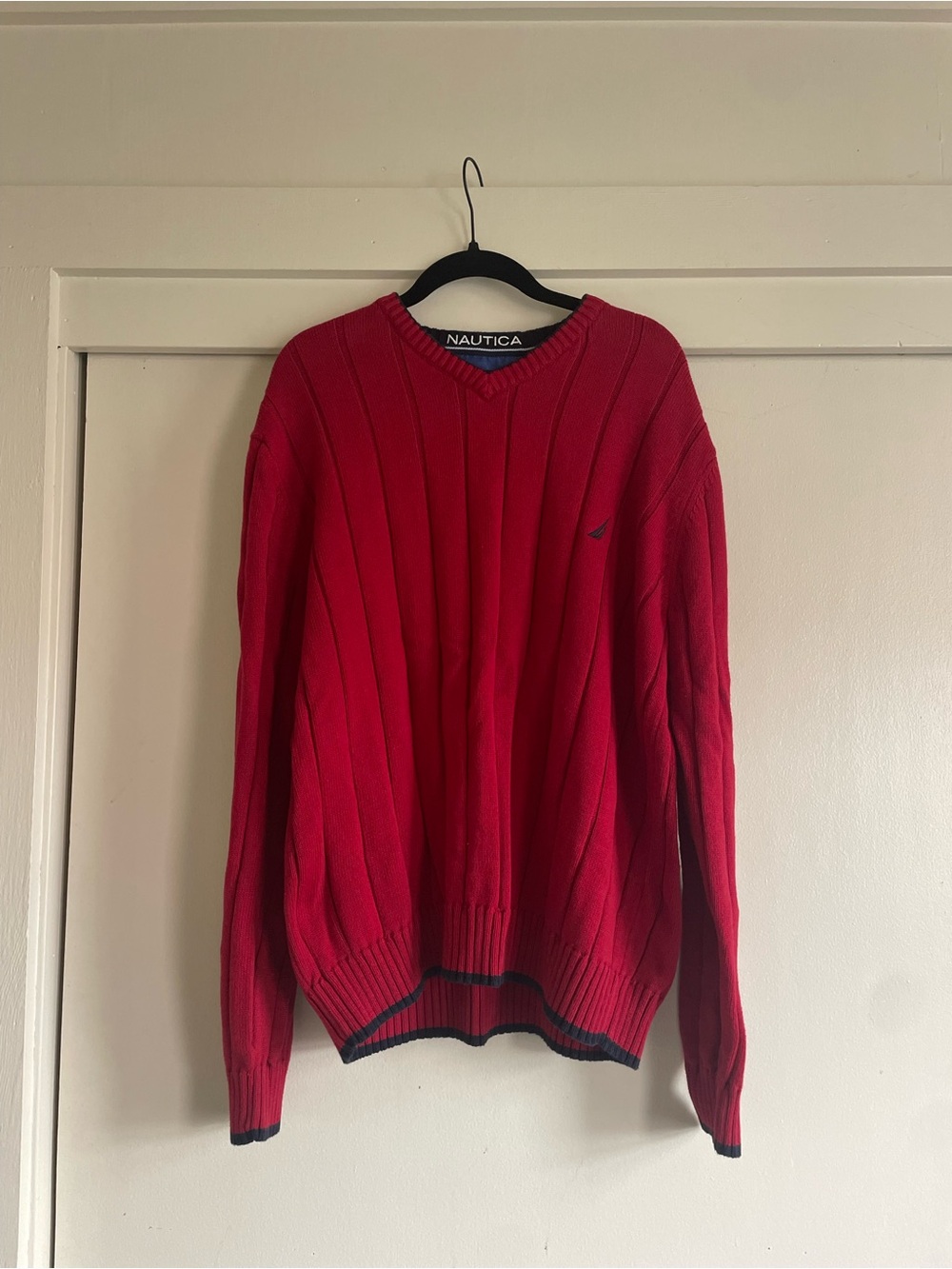 Nautica Men's Red V-Neck Ribbed Sweater with Navy Trim